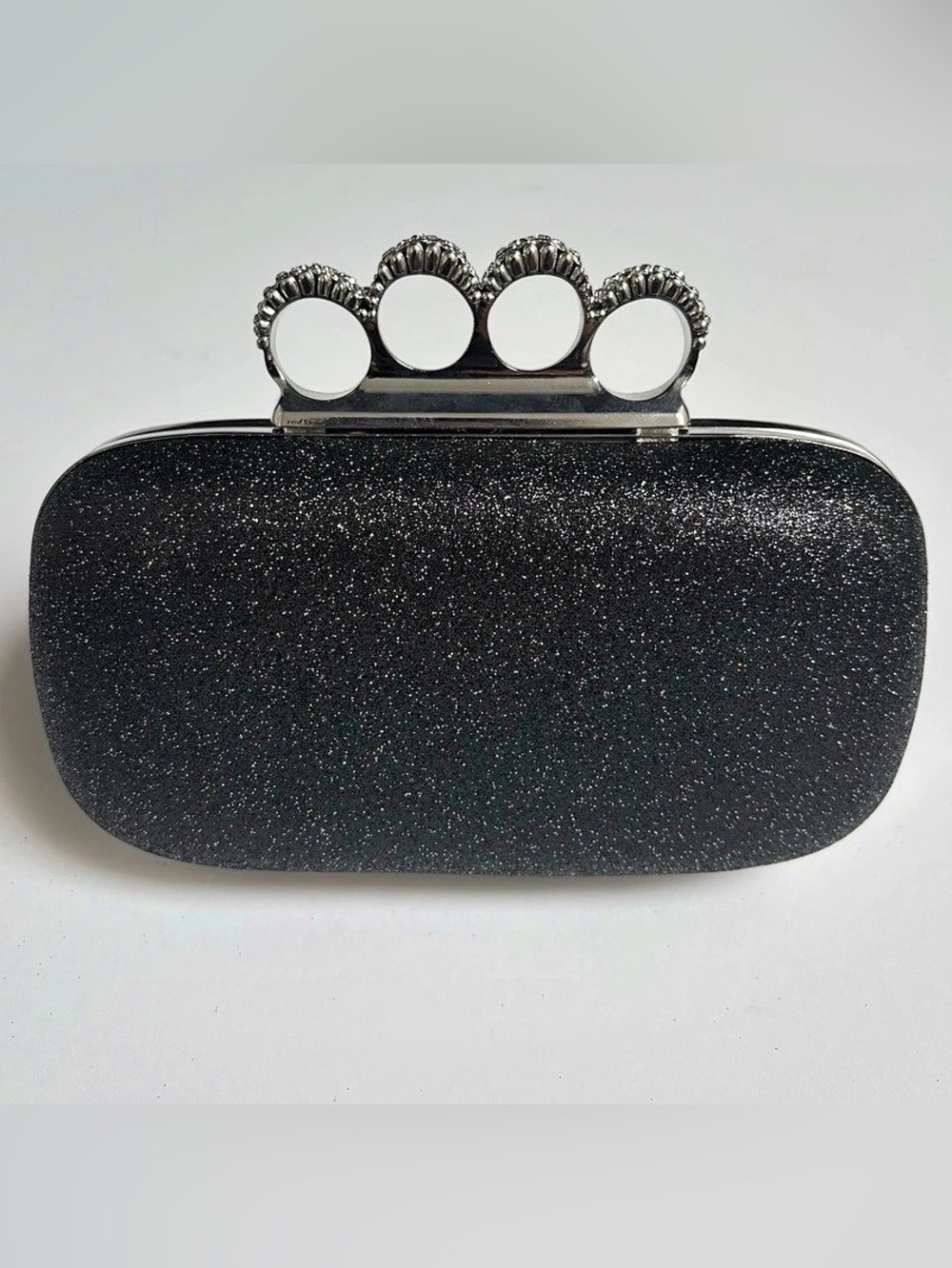 Arbonne Black Glitter Rhinestone Hard Case Knuckle Duster Evening Clutch